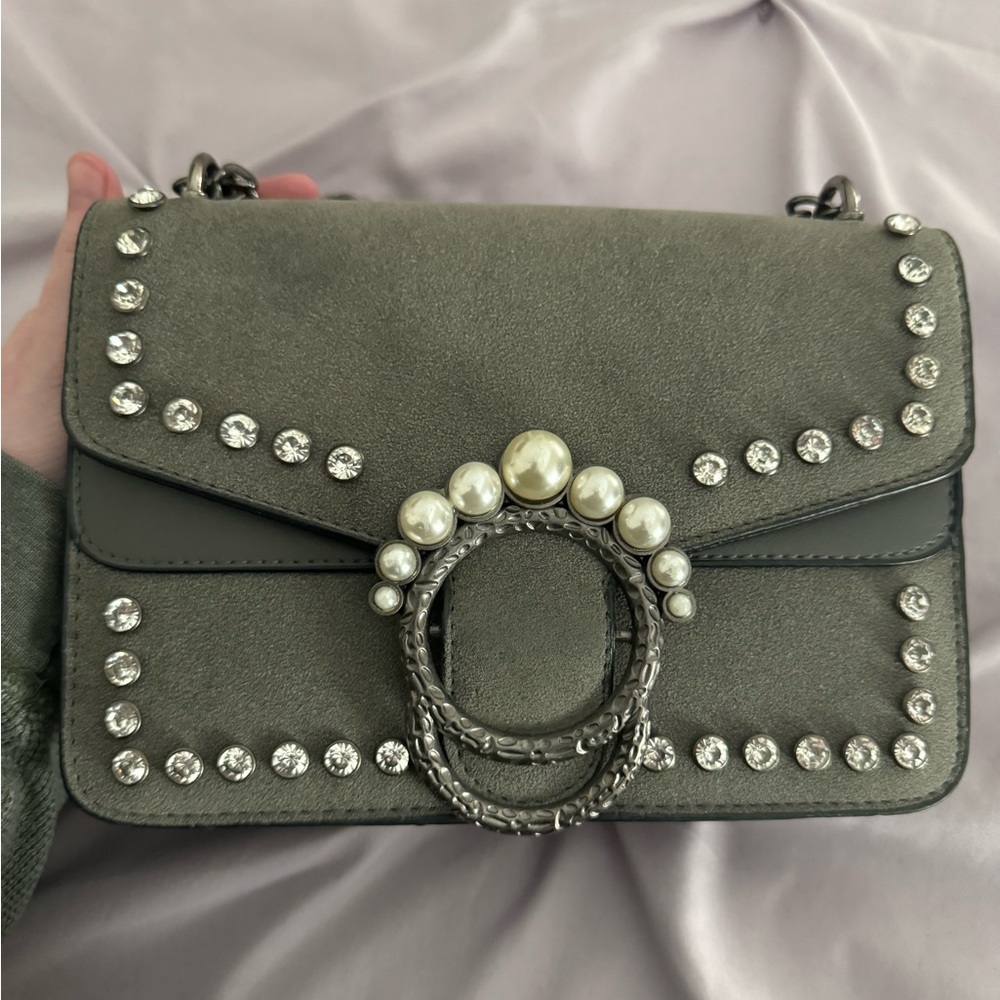 Faux Suede Embellished Handbag